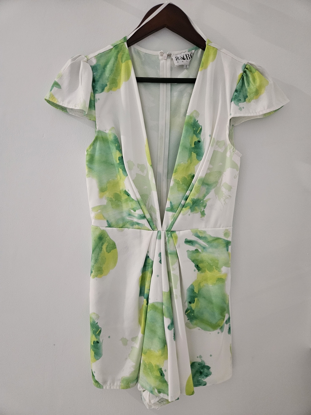 Sabo Skirt White Romper with Green Watercolor Print